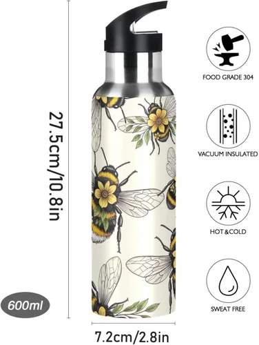 Miniatura 9 de Insulated Stainless Steel Water Bottle with Straw 20 Oz, Leakproof Water Bottles for Gym Outdoor Travel School, Yellow Flowers Leaves Wings