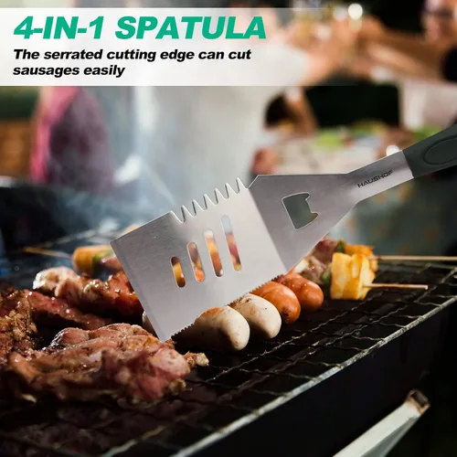 Miniatura 4 de HAUSHOF Accesorios para Parrilla Grandes de Servicio Pesado, Juego de Barbacoa, Regalos para Hombres y Mujeres - Espátula, Tenedor y Pinzas de Acero