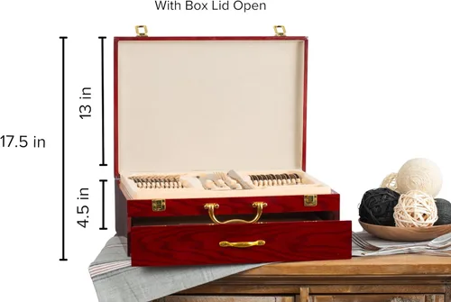 Miniatura 3 de Caja de almacenamiento de cubiertos con cajón, para juegos de hasta 75 piezas, estuche de alto brillo con tapa y asas chapadas en oro, baúl
