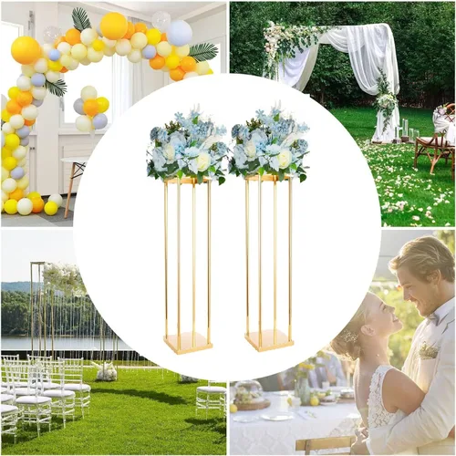 Miniatura 4 de 2 piezas de centro de mesa de boda jarrones dorados para mesas, soporte geométrico de flores de metal, 31.5 pulgadas de alto, florero de piso alto