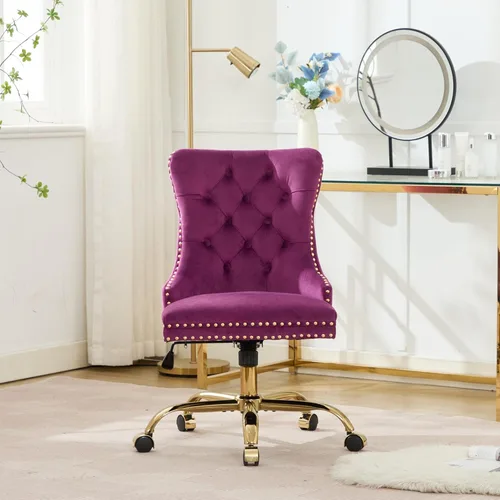 Miniatura 9 de Silla de oficina en casa de terciopelo con base de metal dorado y ribete de cabeza de clavo, moderna silla de trabajo tapizada giratoria tapizada