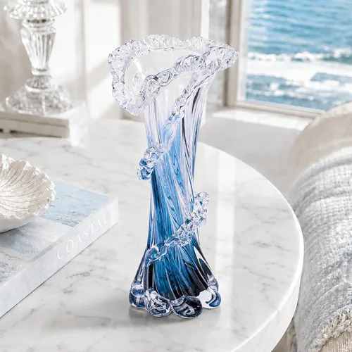 Miniatura 8 de Jarrón de vidrio soplado azul de 12 pulgadas de alto, florero costero soplado a mano de arte moderno, hermosos centros de mesa únicos de olas
