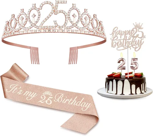 Miniatura 47 de Decoraciones de cumpleaños de 24 años para mujeres, incluyendo banda de cumpleaños, tiara/corona, velas numéricas y decoración de pastel, regalos