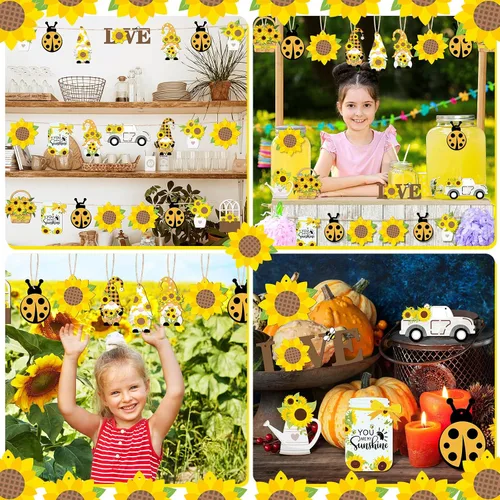 Miniatura 6 de Paquete de 48 adornos de gnomo de girasol para árbol de verano, colgante de madera con flores amarillas, decoraciones de fiesta de verano, recuerdos