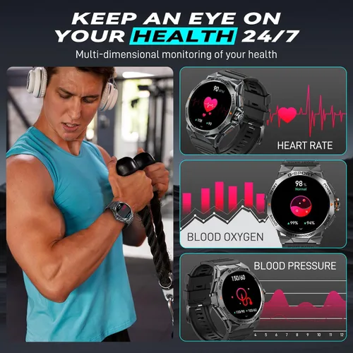 Miniatura 6 de Reloj inteligente militar para hombre, para responder/hacer llamadas de 1.43 pulgadas, AMOLED siempre encendido, reloj inteligente resistente