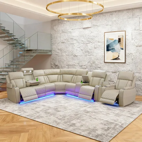 Miniatura 25 de Juego de sofá modular reclinable eléctrico para sala de estar, juego de sofá reclinable de cuero con luces LED / almacenamiento oculto, sofá