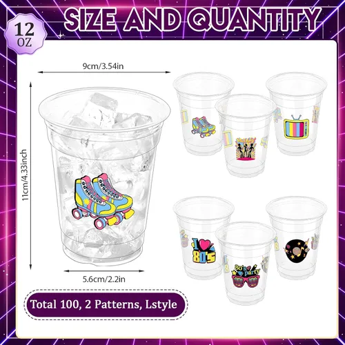 Miniatura 2 de 100 vasos de plástico desechables para fiestas de los 80 de 12 onzas de regreso a los 80, vasos transparentes desechables para discoteca de los 80