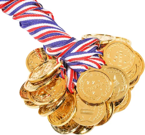 Miniatura 2 de 100 paquetes de medallas de ganador de plástico dorado para niños, medallas de premio de oro para niños