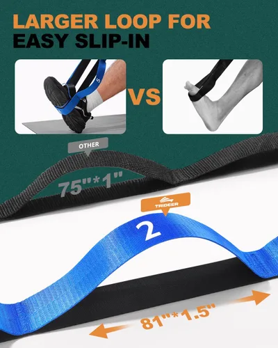 Miniatura 7 de Correa Trideer para estiramiento y yoga, correa de terapia física para entrenamiento en casa, ejercicio, pilates y gimnasia, 10 bucles, bandas Azul