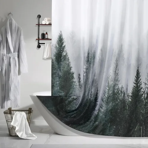 Miniatura 24 de ORTIGIA 36x72 Cortina de ducha de bosque nebuloso para baño pequeño, cortina de ducha estrecha de naturaleza y bosque en blanco y negro con ganchos