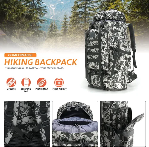 Miniatura 7 de Mochila de senderismo MOLLE de 70L/100L Mochila impermeable para viajar (camuflaje ciudad)