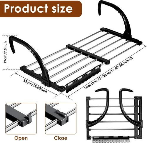 Miniatura 6 de Estante de secado de ropa portátil para balcón, barandillas plegables de 29 x 13 pulgadas, alféizar de ventana, radiador retráctil, toallero
