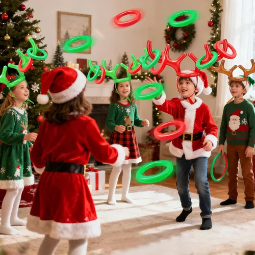 Miniatura 6 de Juego de 18 piezas de 3 anillos inflables de cornamenta de reno para lanzar juegos de fiesta de Navidad, juguetes familiares para niños, relleno