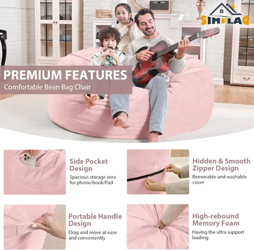 Miniatura 314 de Puf de 5 pies, puf grande con relleno de espuma viscoelástica, sofá puff esponjoso con funda de terciopelo holandés, puf redondo para sala de estar