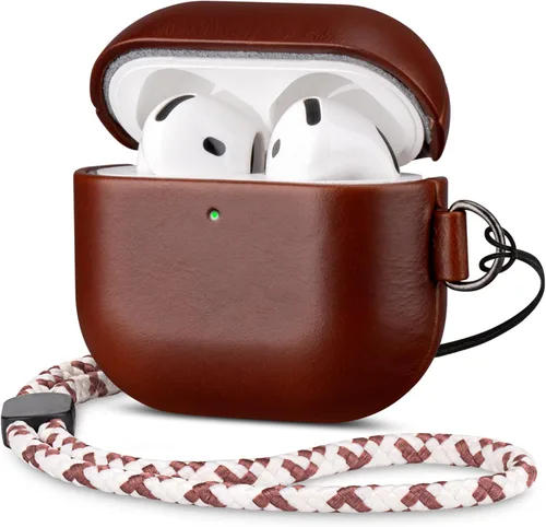 Miniatura 17 de Maogoam Funda de cuero genuino para AirPods Pro 2, botón de sincronización, diseño de clip en D con cordón de mano, funda de cuero encerado