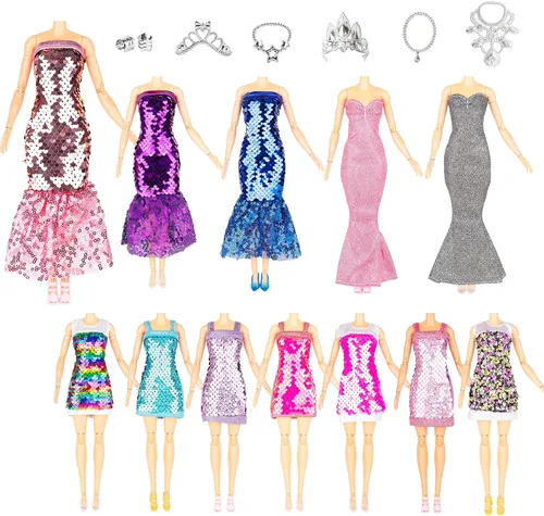 Miniatura 7 de Juego de armario de muñeca de 38 piezas, 8 trajes de lentejuelas con purpurina, 10 mini vestidos, 10 zapatos, 10 joyas, se adapta a muñecas de 11.5