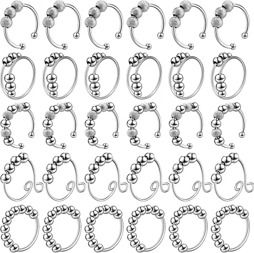 Yinkin 30 anillos para ansiedad para mujeres, de acero inoxidable, ajustable, con cuentas, para hombres y adultos, alivio del estrés (plateado)