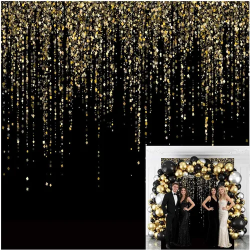Telón de fondo de lentejuelas Bokeh con purpurina negra y dorada de 6 x 6 pies, elegante decoración de fiesta de cumpleaños, boda, aniversario,