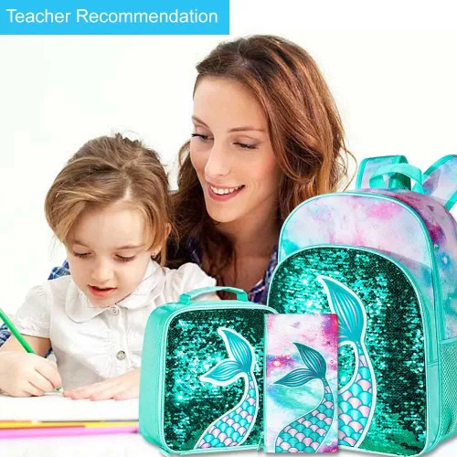 Miniatura 7 de 3 mochilas para niñas, 16 pulgadas con lentejuelas para preescolar y lonchera