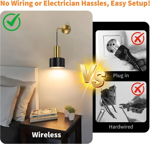Miniatura 2 de VerRon Juego de 2 apliques de pared a pilas, luces de pared inalámbricas con control remoto, lámparas de pared regulables negras y doradas con Negro