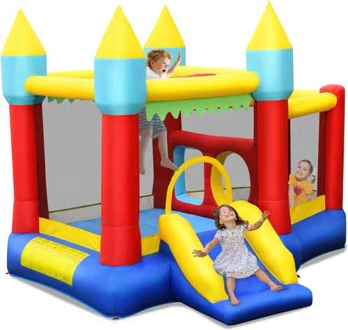 Miniatura 17 de HONEY JOY Casa inflable de rebotes, luna inflable para niños con tobogán, área gigante de saltos, fosa de pelotas oceánicas, aro de baloncesto