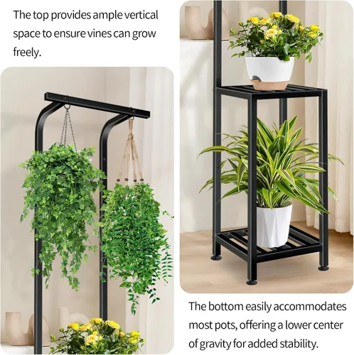 Miniatura 7 de Soporte para plantas para interiores y exteriores, soporte para plantas de 65 pulgadas de alto para exteriores, estante colgante de 3 niveles