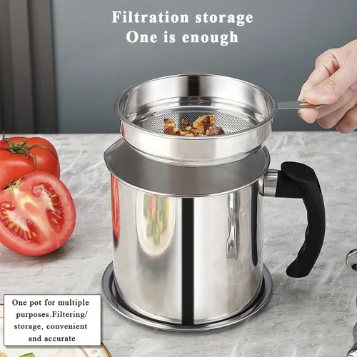 Miniatura 4 de Berglander Recipiente de grasa de tocino con colador de 47 oz/1.4 L, recipiente de almacenamiento de aceite de acero inoxidable con filtro de malla