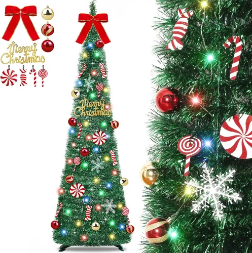 [Temporizador] Árbol de Navidad desplegable de 6 pies, árbol de Navidad plegable verde con 50 luces coloridas, 16 caramelos, 10 bolas, 4 copos de