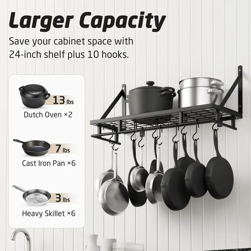 Miniatura 2 de KES Estante para ollas de cocina de 24 pulgadas montado en la pared, organizador de almacenamiento con ganchos, estante de pared en mate negro