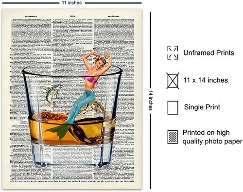 Miniatura 2 de Bar Man Cave Mermaid Decor – Arte de pared de whisky escocés – Decoración de pared de pescado para hombres, chicos – Impresión divertida para beber