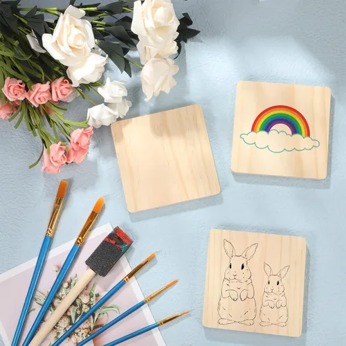 Miniatura 6 de Meanplan Posavasos de madera en blanco para manualidades con almohadillas antideslizantes, posavasos de madera sin terminar para pintura