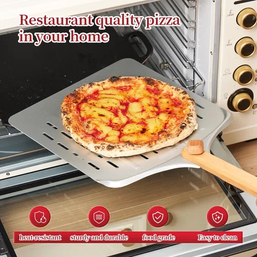 Miniatura 2 de Cortador de pizza y juego giratorio de cáscara de pizza de 12 pulgadas, cáscara de aluminio anodizado con mango de madera, incluye protector