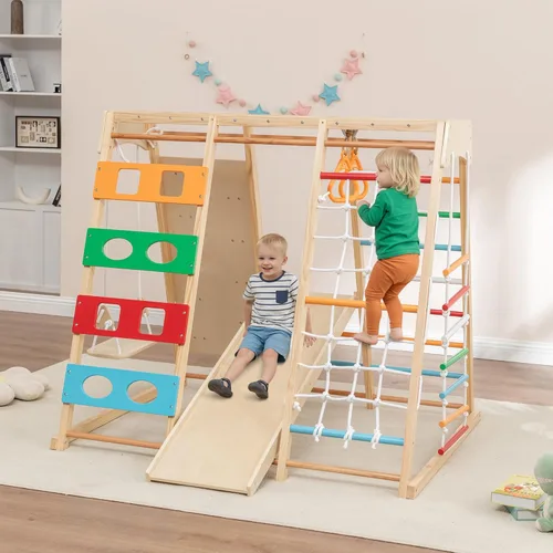 Miniatura 13 de KEIKI 9-in-1 Foldable Wooden Kids Climbing Frame with Slide Swing Monkey Bars Rock Wall Abacus, Indoor Outdoor Playground Set, Montessori Play Gym
