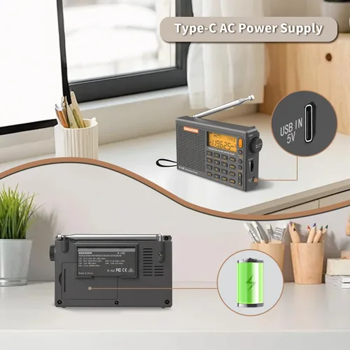 Miniatura 3 de SIHUADON R-108 Radio portátil AM FM SW LW Airband, pequeña radio de emergencia retro digital funciona con pilas, 5 W, altavoz con alarma