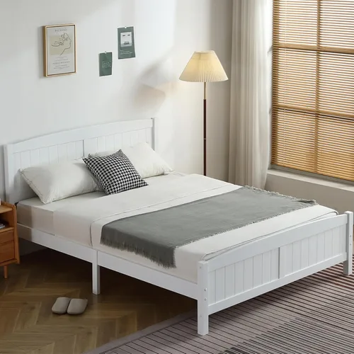Miniatura 12 de Karl home Base de cama de madera tamaño matrimonial con cabecero, plataforma para dormitorio con estribo, soporte de 12 listones de madera, no Gris