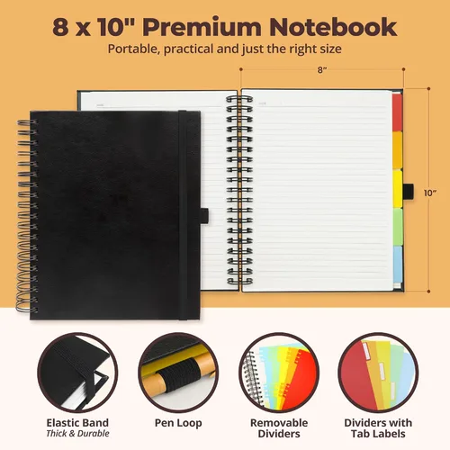 Miniatura 3 de Cuaderno de espiral encuadernado en cuero de tapa dura de 8x10 pulgadas con divisores removibles - Negro - 300 páginas Cuaderno de 5 asignaturas