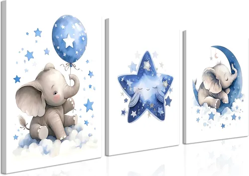 Juego de 3 Arte de Pared en Lienzo para Cuarto de Bebé Niño, Pintura de Decoración de Pared con Imagen de Elefante Azul Luna y Estrellas, Lindos