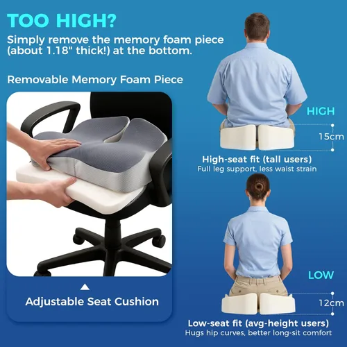 Miniatura 6 de Cojín de asiento para silla de oficina con loft ajustable, cojín grueso de espuma viscoelástica para respaldo y ciática, coxis, alivio del dolor