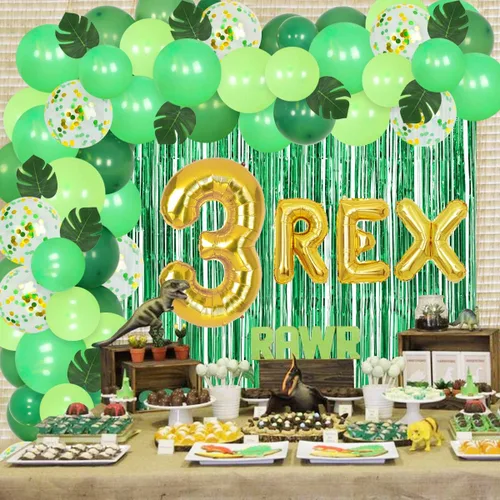 Miniatura 2 de Decoraciones de dinosaurio de tercer cumpleaños para niños, kit de guirnalda de globos de dinosaurio, 3 globos de aluminio REX, hojas artificiales