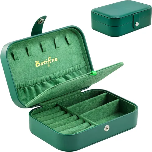 batifine Estuche de joyería de viaje, organizador de joyas pequeño de piel sintética para mujeres y niñas, caja de joyería de viaje de 2 capas para