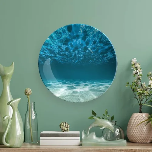 Miniatura 5 de XISUNYA Plato decorativo de porcelana de 6 pulgadas, plato de porcelana oceánica, superficie ondulada con fondo de grava, estampado de paisaje Azul