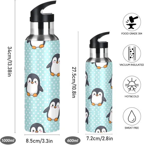 Miniatura 2 de Stainless Steel Vacuum Insulated Water Bottle 20 Oz, BPA-Free Sports Water Bottle for Gym Outdoor Travel School, Cute Cartoon Penguins Blue