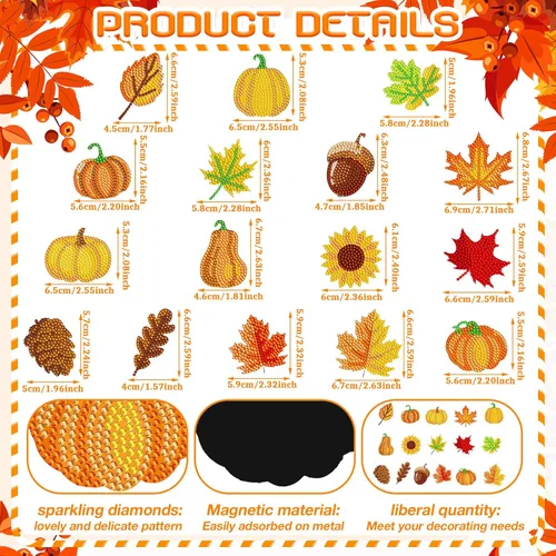 Miniatura 3 de Umigy 16 Piezas Imanes de Arte de Diamantes de Otoño Acción de Gracias para Refrigerador Calabaza Girasol Hojas Pintura de Diamante Imán Otoño