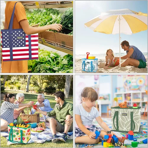 Miniatura 5 de BALEINE Paquete de 3 bolsas de comestibles reutilizables, bolsas de compras plegables para comestibles con parte inferior reforzada y asas