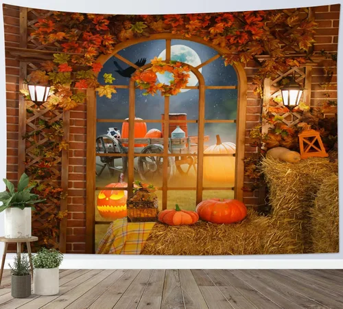 Miniatura 16 de HVEST Tapiz de bosque otoñal para colgar en la pared, hojas de arce naranja y sol, tapiz para colgar en la pared, tapiz de hojas de árbol de otoño