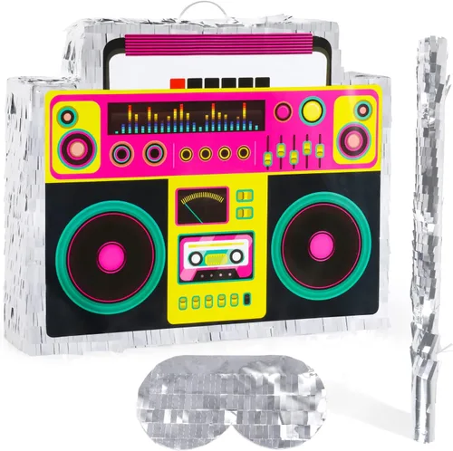 Boombox Piñata con palo con los ojos vendados de los años 80, hip hop, juego de piñata mexicana para fiesta de regreso a los 80, regalos de radio