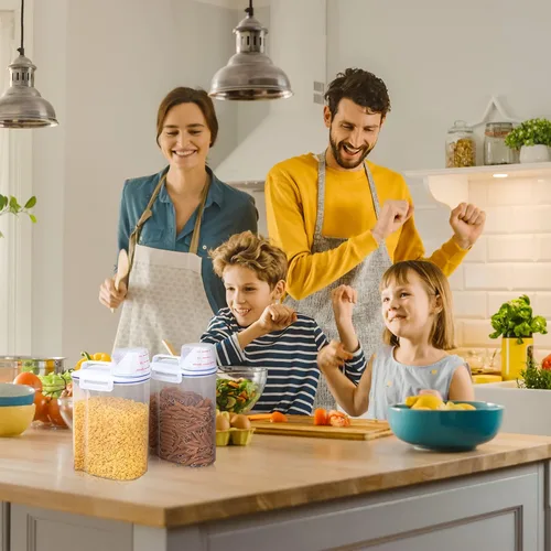 Miniatura 7 de Juego de 4 recipientes herméticos de almacenamiento de alimentos con dispensador de tazas medidoras, recipientes de plástico con tapas para arroz
