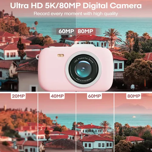 Miniatura 3 de Cámara digital rosa 5K para fotografía, cámara de vlogging portátil UHD de 80 MP, cámara de punto de viaje y disparo con zoom 18X con tarjeta TF