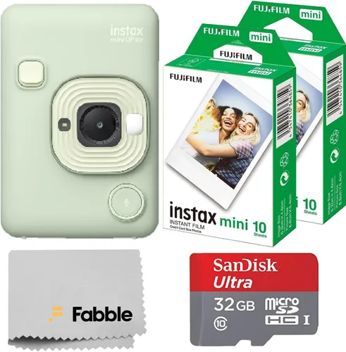 Paquete de cámara instantánea híbrida Fujifilm INSTAX Mini LiPlay con 20 hojas de película Fujifilm INSTAX Mini, tarjeta microSD de 32GB, cable de