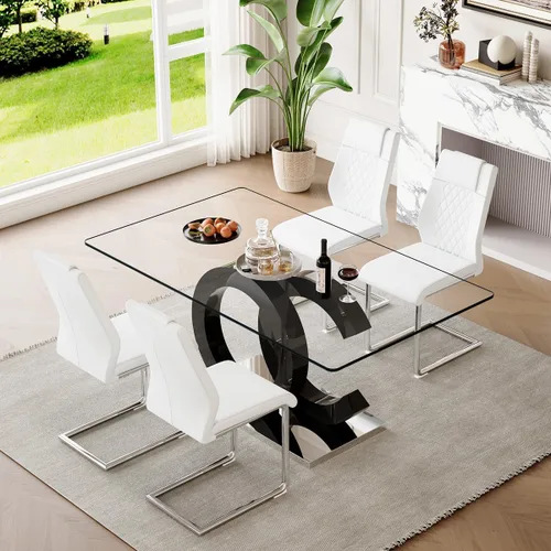 Miniatura 24 de gopop Mesa de comedor de cristal de 63 pulgadas, mesa de cocina moderna, mesa de comedor de vidrio transparente con patas de diseño único negro